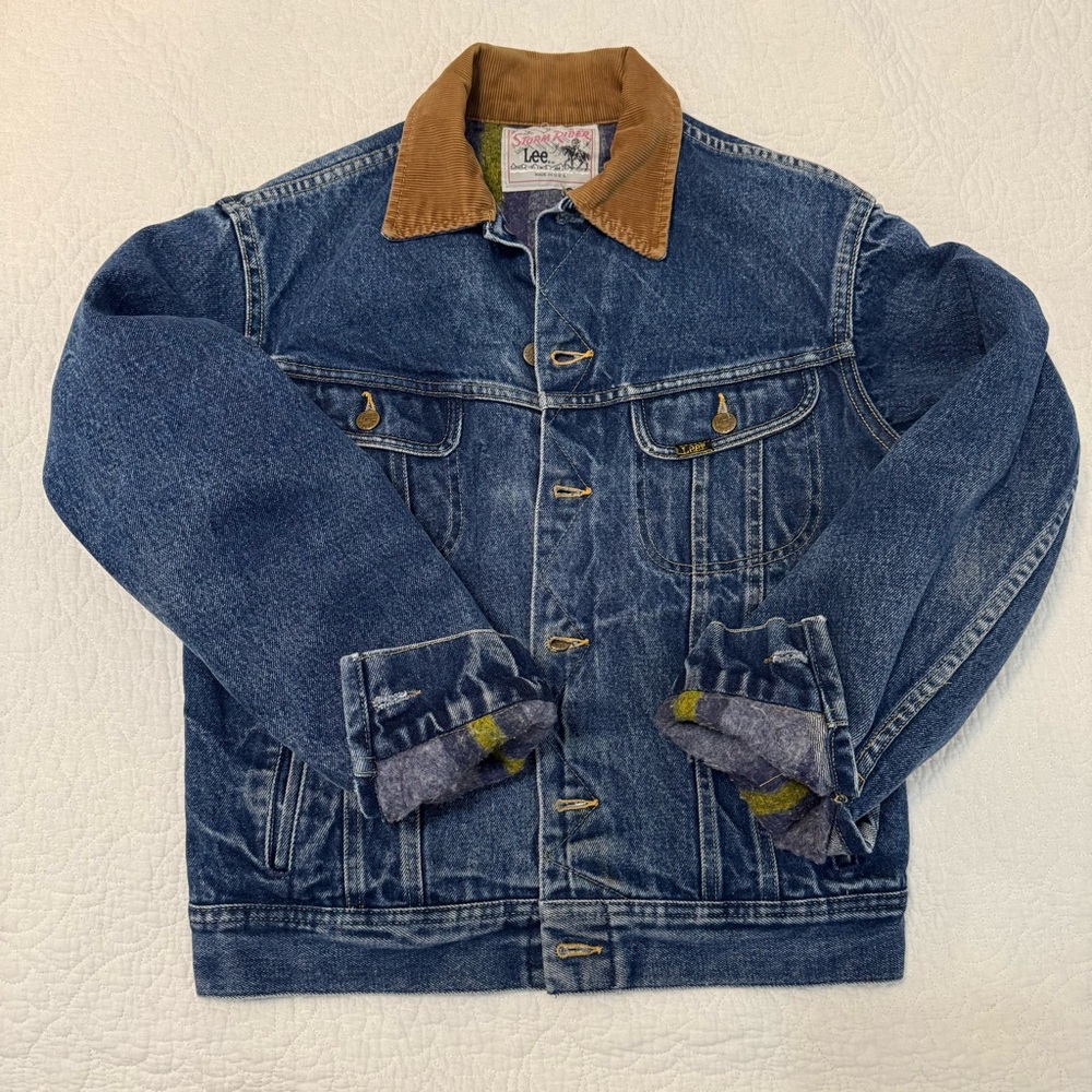 Vintage Lee Storm Rider Denim Jacket with Tan Corduroy Collar and Blanket Lined - Picture 15 of 16